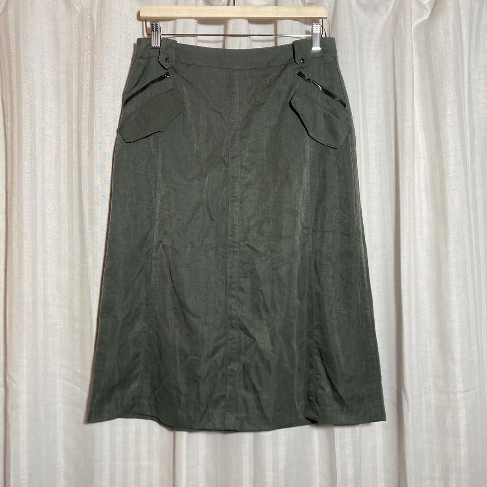 Airfa Olive Green Utility Midi Skirt Zip Cargo Pockets‎ A-Line Lined Womens M